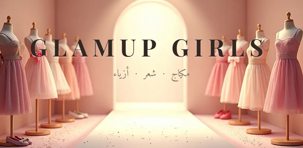 GlamUp Girls — مكياج · شعر · أزياء. فساتين على عارضات بجانب منصة عرض بإضاءة ناعمة.