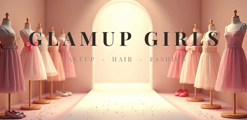 GlamUp Girls — Makeup · Hair · Fashion. Dresses on mannequins beside a softly lit runway.
