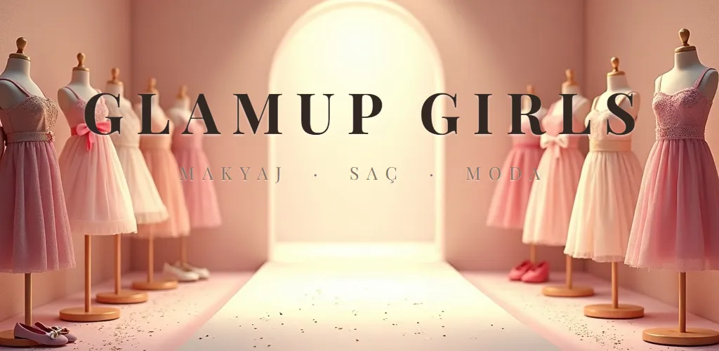 GlamUp Girls — Makyaj · Saç · Moda. Yumuşak ışıklı bir podyumun yanında mankenler üzerinde elbiseler.