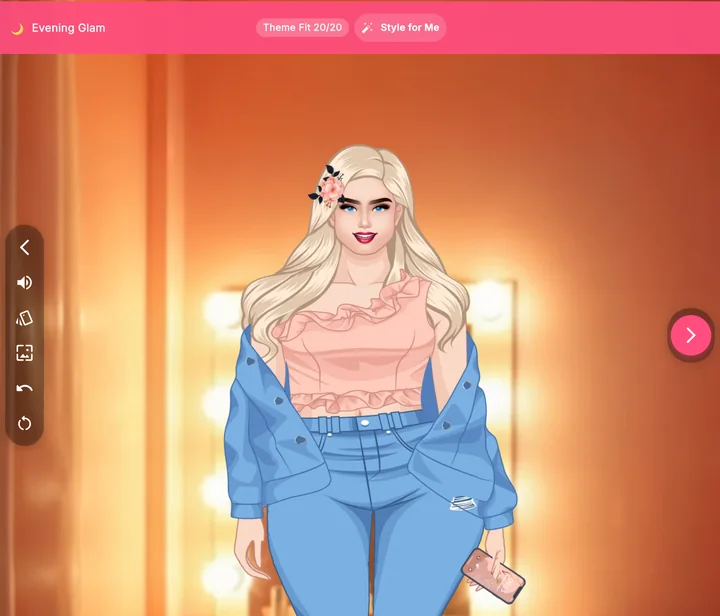 Icon, a plus-size model in a denim jacket and jeans in the Outfit Studio.