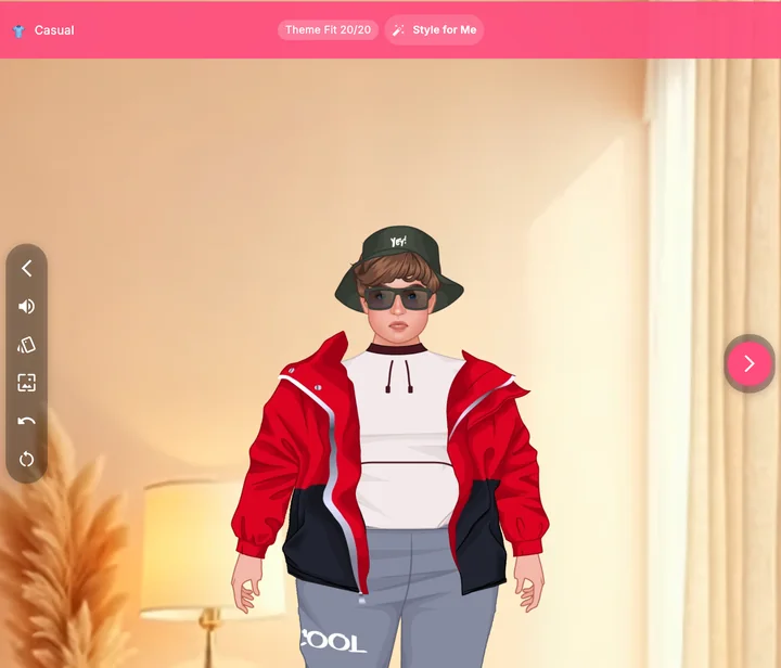 Laid-Back, a plus-size boy in a red jacket, bucket hat and sunglasses.