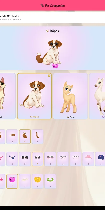 Kedi, köpek, pony ve unicorn'un yer aldığı pet ekranı.