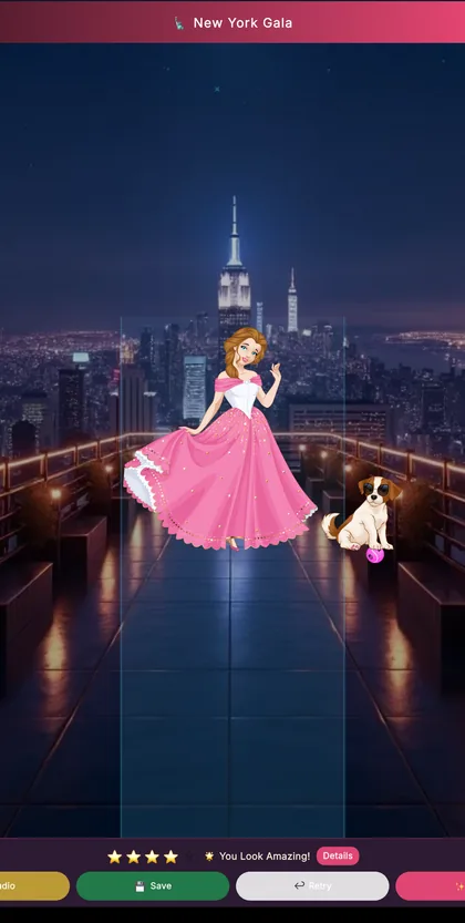 A model in a pink gown on the runway with her pet beside her.