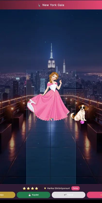 Pembe elbiseli manken, yanında pet'iyle podyumda.