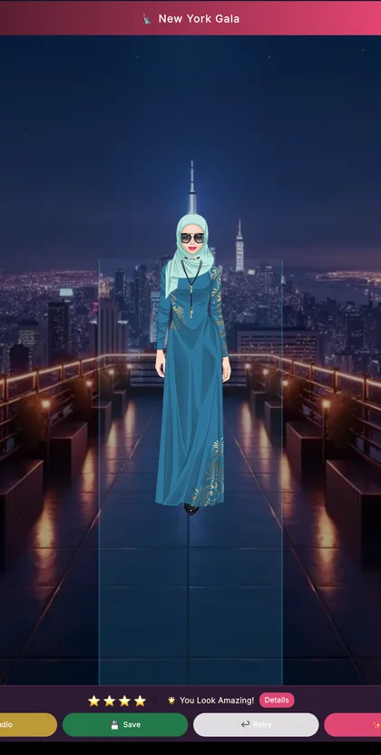A model walking the runway in a long gown at a night skyline.